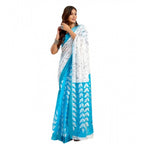 Women's Faux Linen Leaf Print Ready to wear Saree With Unstitched Blouse 5.5Mtr (SkyBlue &amp; White)