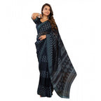 Women's Faux Linen Geometric Print Ready to wear Saree With Unstitched Blouse 5.5Mtr (Black)