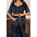 Women's Faux Linen Geometric Print Ready to wear Saree With Unstitched Blouse 5.5Mtr (Black)