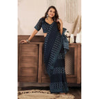 Women's Faux Linen Geometric Print Ready to wear Saree With Unstitched Blouse 5.5Mtr (Black)