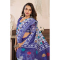Women's Faux Linen Geometric Print Ready to wear Saree With Unstitched Blouse 5.5Mtr (Blue)