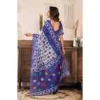 Women's Faux Linen Geometric Print Ready to wear Saree With Unstitched Blouse 5.5Mtr (Blue)