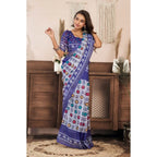 Women's Faux Linen Geometric Print Ready to wear Saree With Unstitched Blouse 5.5Mtr (Blue)