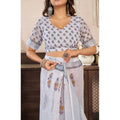 Women's Faux Linen Floral Print Ready to wear Saree With Unstitched Blouse 5.5Mtr (Off_White)
