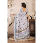Women's Faux Linen Floral Print Ready to wear Saree With Unstitched Blouse 5.5Mtr (Off_White)