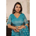 Women's Faux Linen Floral Print Ready to wear Saree With Unstitched Blouse 5.5Mtr (AquaBlue)