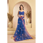 Women's Faux Linen Printed Ready to wear Saree With Unstitched Blouse 5.5Mtr (Blue)