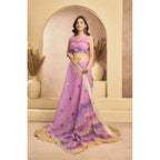 Women's Faux Linen Floral Ready to wear Saree With Unstitched Blouse 5.5Mtr (Lavender)