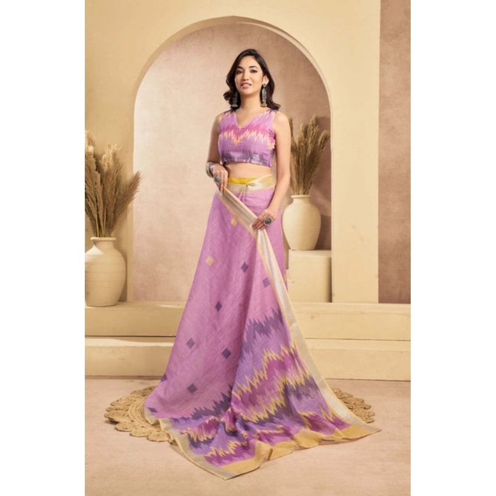 Women's Faux Linen Floral Ready to wear Saree With Unstitched Blouse 5.5Mtr (Lavender)