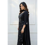 Women's Georgette Ethnic Motif Round 3/4th Sleeve Kurti With Pant Dupatta Set (Black)
