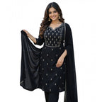 Women's Georgette Ethnic Motif Round 3/4th Sleeve Kurti With Pant Dupatta Set (Black)