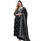 Women's Chanderi Silk Ethnic Motif Round 3/4th Sleeve Kurti With Pant Dupatta Set (Black)
