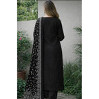 Women's Chanderi Silk Ethnic Motif Round 3/4th Sleeve Kurti With Pant Dupatta Set (Black)