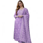 Women's Chanderi Silk Ethnic Motif Round 3/4th Sleeve Kurti With Pant Dupatta Set (Lavender)