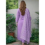 Women's Chanderi Silk Ethnic Motif Round 3/4th Sleeve Kurti With Pant Dupatta Set (Lavender)