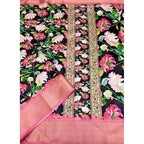 Women's Cotton Silk Floral Printed Saree With Unstitched Blouse 5.5Mtr (Black)