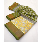 Women's Cotton Blend Printed Saree With Unstitched Blouse 5.5Mtr (Mehandi)