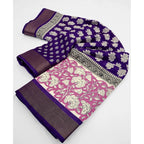Women's Cotton Blend Printed Saree With Unstitched Blouse 5.5Mtr (Purple)