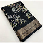 Women's Cotton Silk Floral Printed Saree With Unstitched Blouse 5.5Mtr (Black)