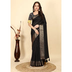 Women's Cotton Blend Checkered Saree With Unstitched Blouse 5.5Mtr (Black)