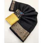 Women's Cotton Blend Checkered Saree With Unstitched Blouse 5.5Mtr (Black)