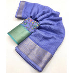 Women's Cotton Blend Checkered Saree With Unstitched Blouse 5.5Mtr (Blue)