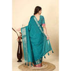 Women's Cotton Blend Checkered Saree With Unstitched Blouse 5.5Mtr (Rama)