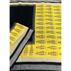 Women's Cotton Linen Printed Saree With Unstitched Blouse 5.5Mtr (Black)