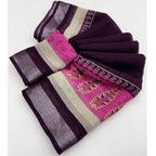 Women's Cotton Linen Printed Saree With Unstitched Blouse 5.5Mtr (Wine)
