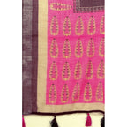 Women's Cotton Linen Printed Saree With Unstitched Blouse 5.5Mtr (Wine)