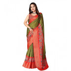 Women's Cotton Silk Printed Saree With Unstitched Blouse 5.5Mtr (Green-Red)