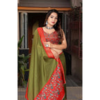 Women's Cotton Silk Printed Saree With Unstitched Blouse 5.5Mtr (Green-Red)