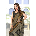 Women's Cotton Silk Printed Saree With Unstitched Blouse 5.5Mtr (Black)