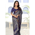Women's Cotton Silk Printed Saree With Unstitched Blouse 5.5Mtr (Blue)