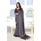 Women's Cotton Silk Printed Saree With Unstitched Blouse 5.5Mtr (Blue)