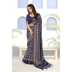 Women's Cotton Silk Printed Saree With Unstitched Blouse 5.5Mtr (Blue)