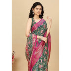 Women's Cotton Silk Floral Printed Saree With Unstitched Blouse 5.5Mtr (Green)