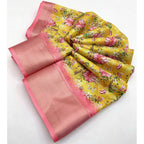 Women's Cotton Silk Floral Printed Saree With Unstitched Blouse 5.5Mtr (Yellow)