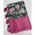 Women's Cotton Silk Floral Printed Saree With Unstitched Blouse 5.5Mtr (Green-Pink)