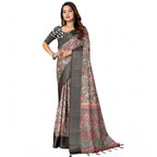 Women's Cotton Silk Floral Printed Saree With Unstitched Blouse 5.5Mtr (Grey-Black)