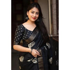Women's Cotton Silk Printed Saree With Unstitched Blouse 5.5Mtr (Black)