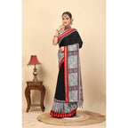 Women's Cotton Silk Printed Saree With Unstitched Blouse 5.5Mtr (Black)