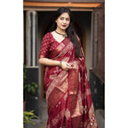Women's Cotton Silk Printed Saree With Unstitched Blouse 5.5Mtr (Maroon)