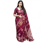 Women's Cotton Silk Printed Saree With Unstitched Blouse 5.5Mtr (Wine)