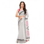 Women's Linen Printed Saree With Unstitched Blouse 5.5Mtr (Multicolor)