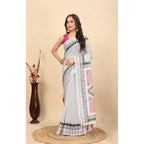 Women's Linen Printed Saree With Unstitched Blouse 5.5Mtr (Multicolor)