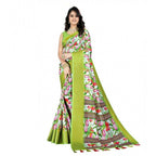 Women's Cotton Silk Floral Printed Saree With Unstitched Blouse 5.5Mtr (Green-White)
