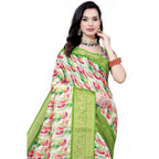 Women's Cotton Silk Floral Printed Saree With Unstitched Blouse 5.5Mtr (Green-White)