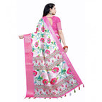 Women's Cotton Silk Floral Printed Saree With Unstitched Blouse 5.5Mtr (Pink-White)