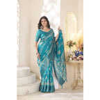 Women's Cotton Silk Printed Saree With Unstitched Blouse 5.5Mtr (Teal)
